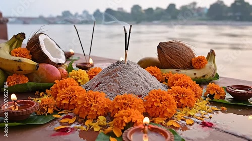 Vibrant hindu ritual items with lit diyas and flowers arranged by a calm river in a serene close-up shot.