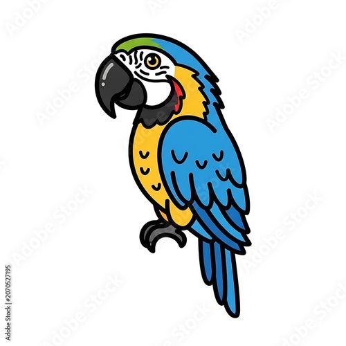 Colorful cartoon parrot with rainbow feathers perched.