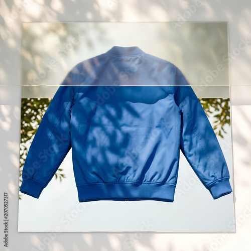 Blue Satin Bomber Jacket Displayed on White Surface.