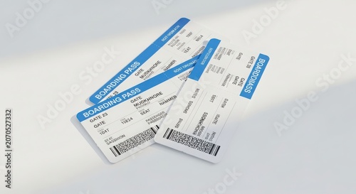 Two blue airplane boarding passes with barcodes and text on white background travel documents