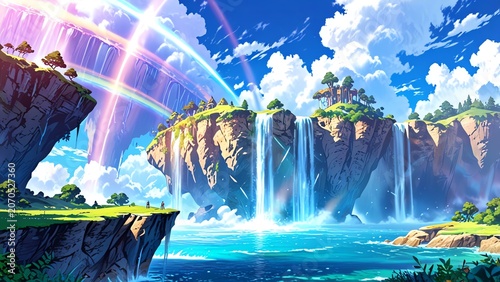 A breathtaking landscape featuring vibrant waterfalls cascading into a serene ocean, under a sky filled with colorful rainbows and lush greenery, creating a tranquil paradise.