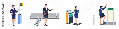 Flat vector illustrations of flight attendants performing various duties at the airport, including passenger check-in, plane boarding, and handling luggage during travel.
