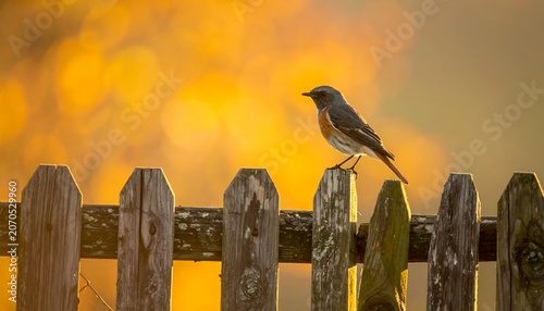 Bird on fence at sunset.