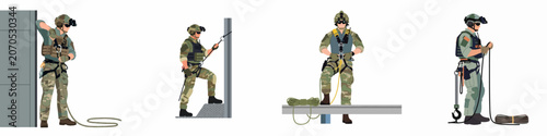 Canvastavla Set of tactical special forces soldiers in camouflage uniforms performing rappelling and rope operations, flat vector illustration isolated on white background