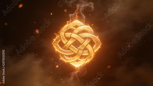 Glowing golden knot symbol with fire