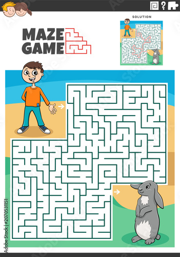 maze puzzle game with cartoon boy and miniature rabbit