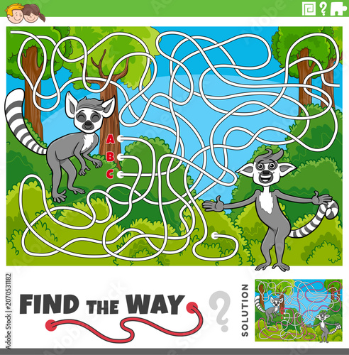 maze activity game with two cartoon lemurs animal characters
