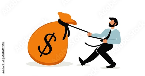 Animated vector illustration of a businessman pulling a sack of dollar bills using a rope, depicting a businessman who is trying hard to get money or make a lot of profit.