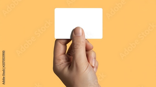 Business card, blank card, hand holding card, white card, orange background