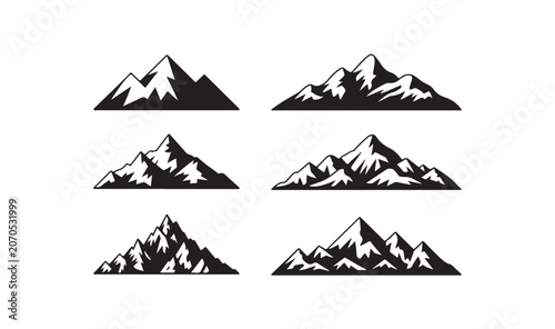 Obraz na płótnie Stylized mountain range vector icons with rocky peaks for adventure travel and hiking gear logos