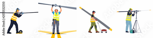 Εκτύπωση καμβά Vector illustration set of aviation maintenance ground crew workers handling helicopter rotor blades while wearing protective safety equipment and high-visibility vests