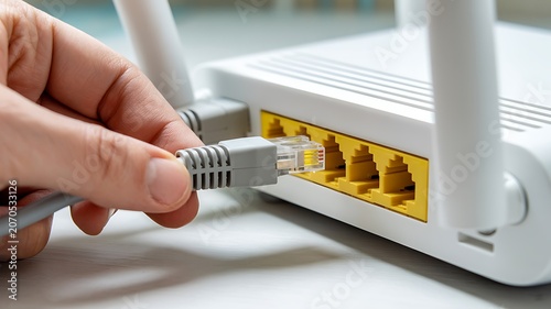 Hand plugging ethernet cable into white wifi router, close-up