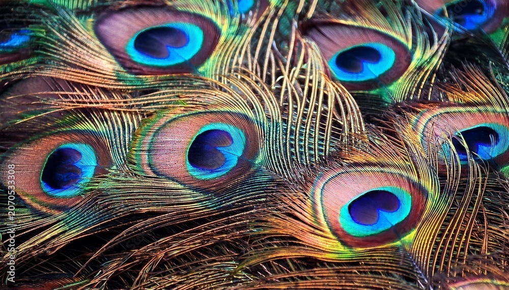 Naklejka premium A Close Up Of Vibrant Peacock Feathers With A Focus On Their Intricate Patterns And Iridescent Colors