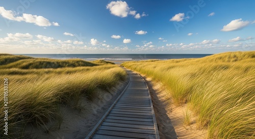 Wooden boardwalk winding through golden sand dunes under bright blue sky white clouds
