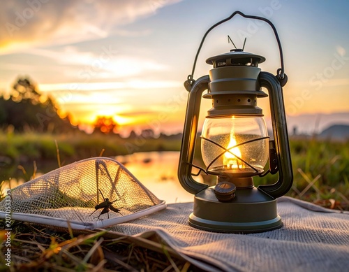 Camping Lantern Beside Mesh Insect Screen at Sunset Campsite