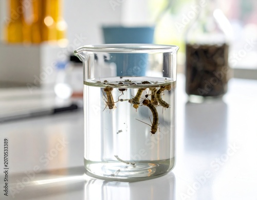 Mosquito Larvae in Glass Beaker on Clean Laboratory Table