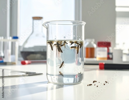 Mosquito Larvae in Glass Beaker on Clean Laboratory Table