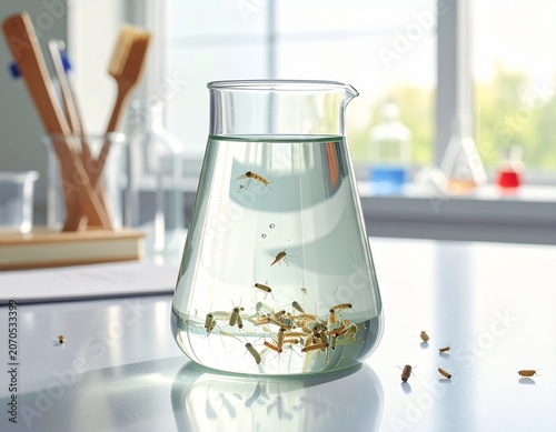 Mosquito Larvae in Glass Beaker on Clean Laboratory Table