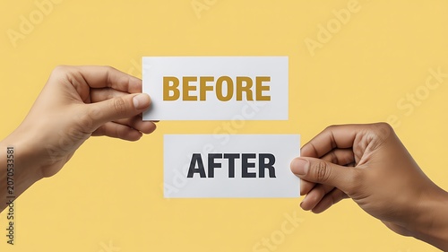 Transformation concept, before and after, change, hands holding cards, yellow background