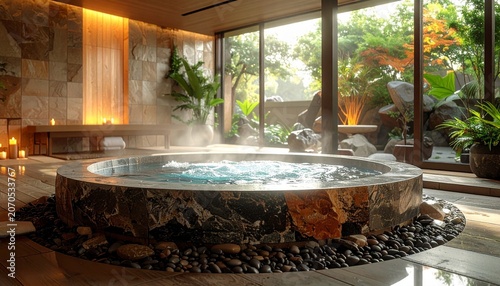 Luxury Onsen Bath with Natural Light and Stone Surroundings