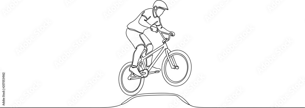 Naklejka premium BMX rider performing a trick on a dirt jump, line art illustration