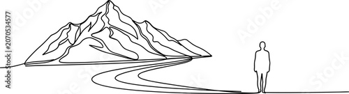 Canvastavla Lone hiker facing majestic mountain peak with winding river path