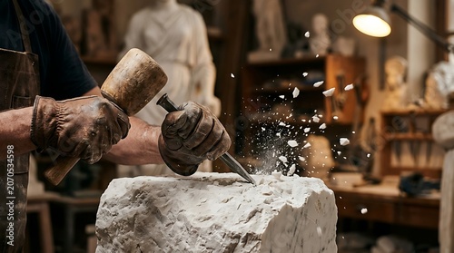 Sculptor Carving Marble Stone With Chisel and Mallet in Studio