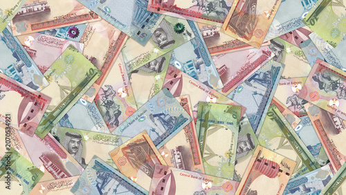 Seamless pattern, financial illustration. Paper banknotes scattered in disarray. Half 1 5 10 dinar notes. Kingdom of Bahrain. Business textured wallpaper and background. Bills of dinars