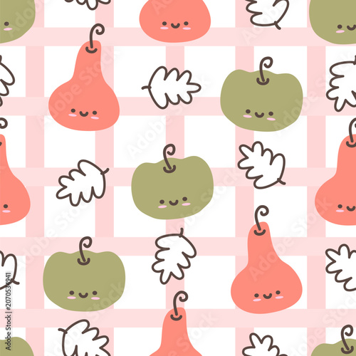 cute hand drawn kawaii green pumpkin and orange butternut squash seamless vector pattern on pink gingham background. Autumn fall holidays illustration