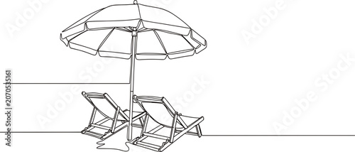 Cuadro en lienzo Minimalist beach scene with umbrella and loungers, line art style