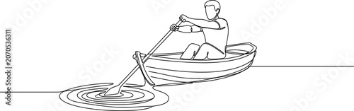 Fotografie Man rowing boat on calm water, minimalist line art illustration