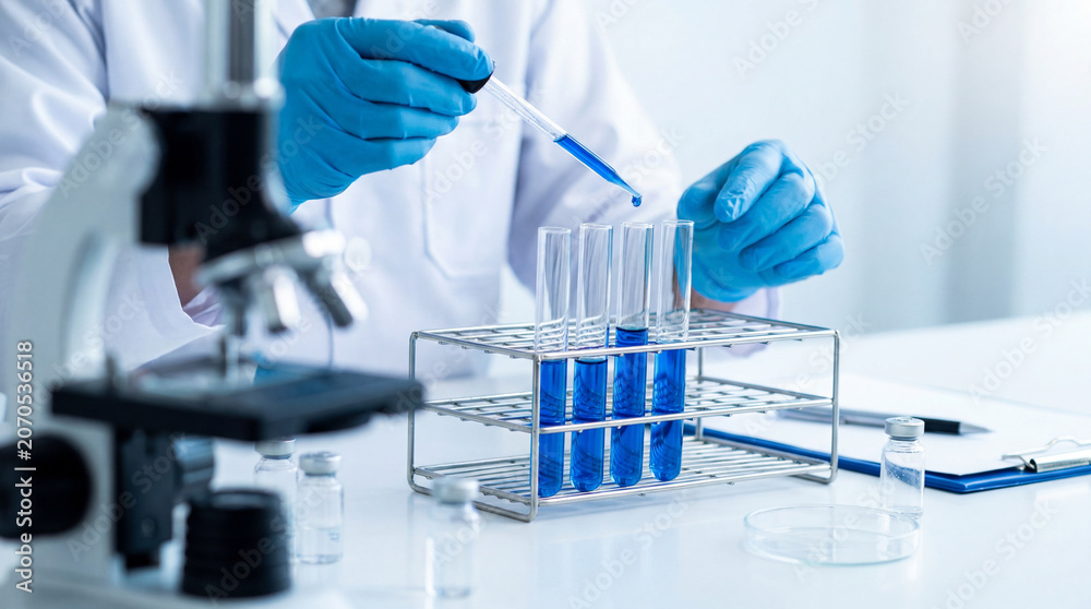 Fototapeta premium A scientist using a pipette to drop blue liquid into test tubes in a laboratory for chemical research