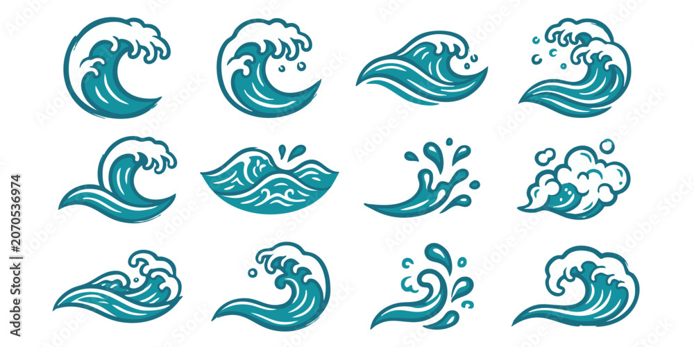 Naklejka premium Ocean waves crash on the shore with various splashing illustrations.