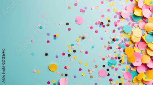 A dynamic spread of colorful circular confetti including pink yellow teal and purple is scattered across a light blue studio background suggesting a celebratory event or party