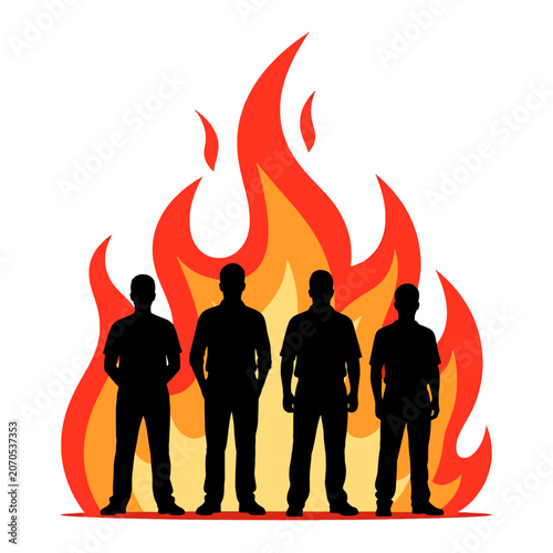 Photos A group of four men standing in front of a large stylized fire illustration
