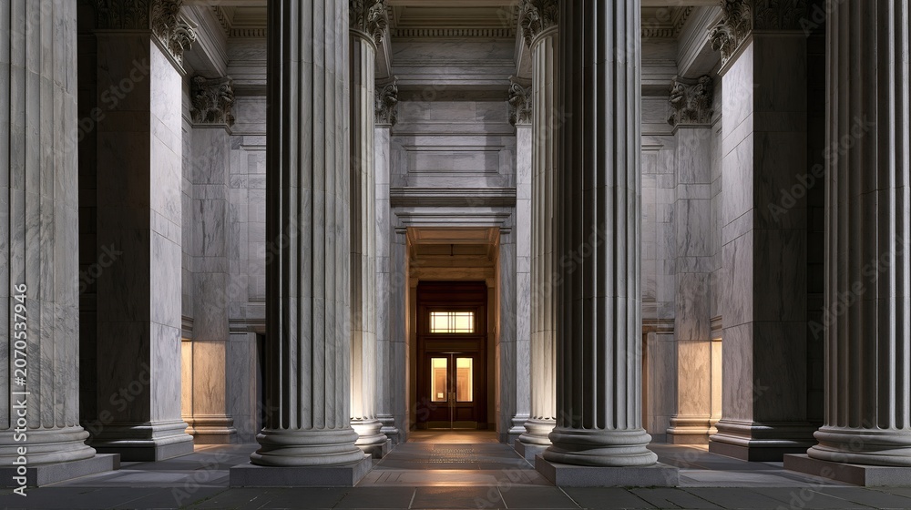 Fototapeta premium Symmetrical corridor lined with tall ornate carved gray marble columns leading towards warmly lit wooden door in classic governmental style stone building