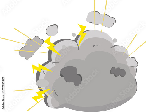 Explosion of grey cloud with yellow lightning bolt and light ray