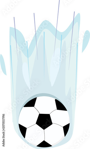 A soccer ball is shown with water splash effects around it.