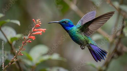 Vibrant hummingbird in flight near colorful blooms