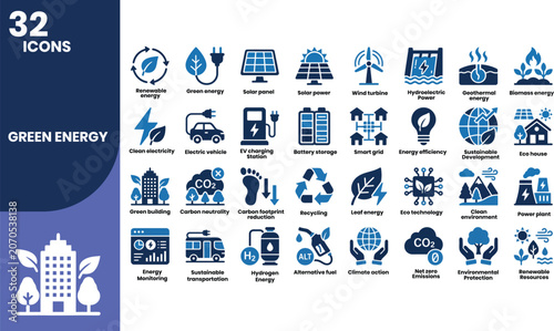 Foto Professional green energy solid icon set featuring renewable power, solar energy, wind turbines, battery storage, electric vehicles, sustainability, and environmental protection symbols