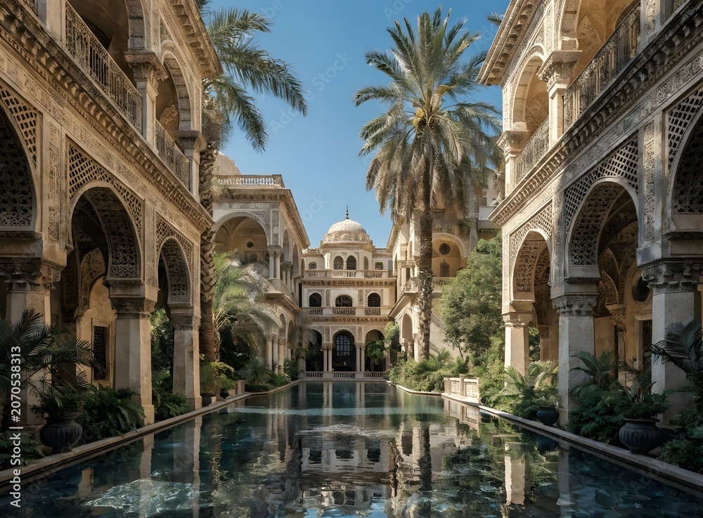 Fototapeta premium Beautiful courtyard with palm trees and arched walkways