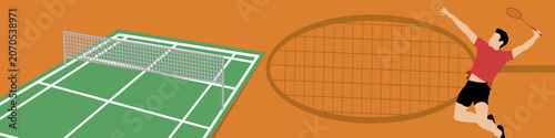 Badminton Player Smash and Court Illustration. Badminton sport banner background vector