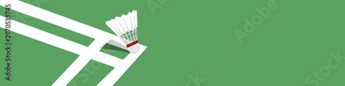 Badminton shuttlecock landing on green court line with copy space. Badminton sport banner background vector
