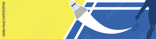 Badminton player silhouette and flying shuttlecock banner. Badminton sport banner background vector
