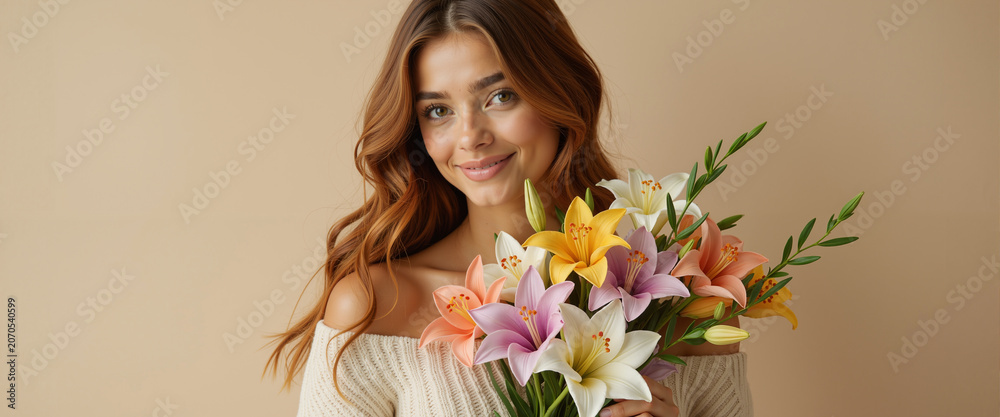 Fototapeta premium Freesia bouquet in hand for fashion and beauty lifestyle photography