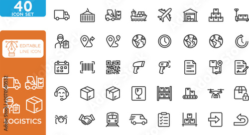 Logistics line editable Icons set. Vector illustration. Contain icons related to Shipping, delivery, distribution, cargo, supply chain, freight, export, import, and more. on transparent background.