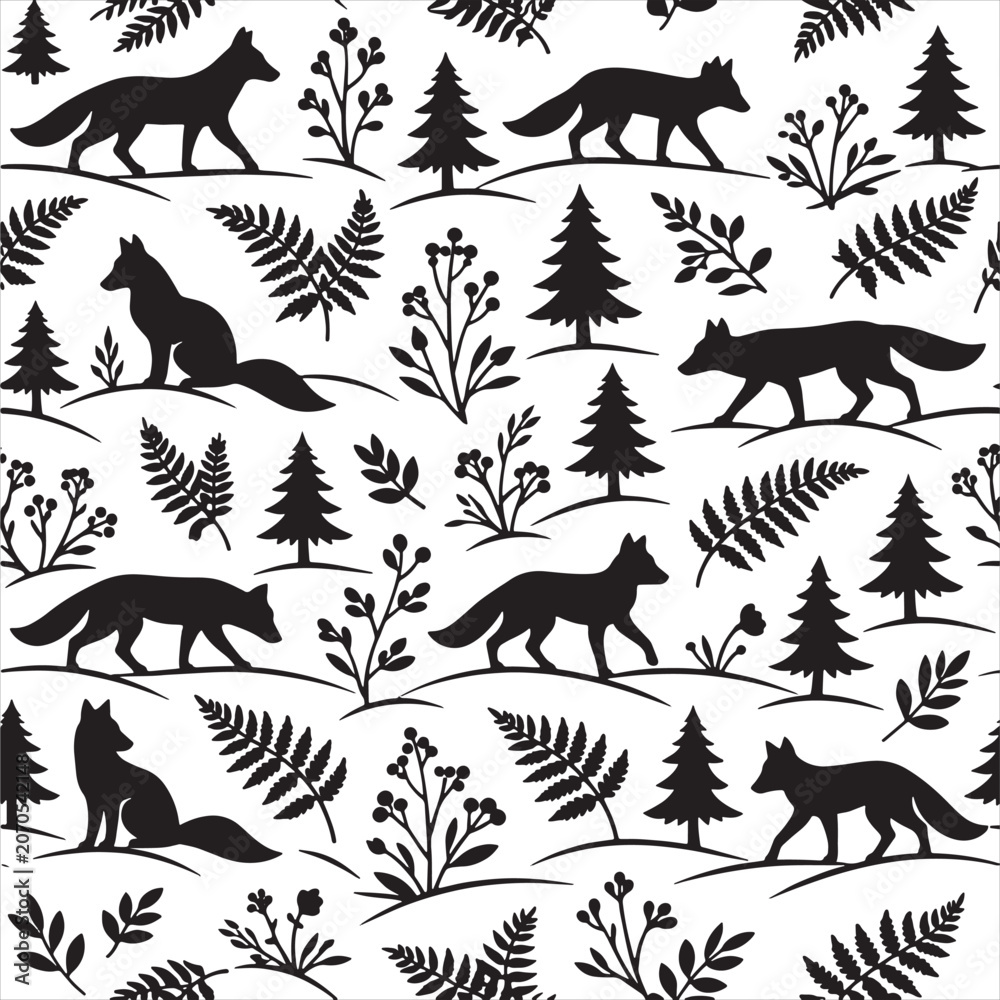 Obraz premium Minimalist Fox Silhouette Seamless Pattern with Forest Pine Trees and Botanical Fern Leaves Vector Illustration