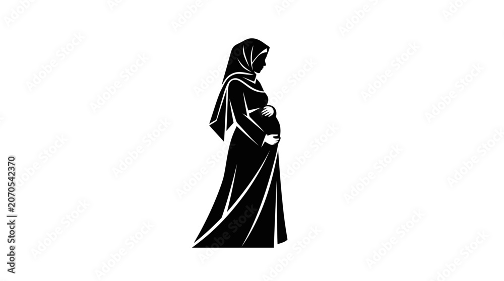 Fototapeta premium Pregnant Muslim woman in hijab holding belly, silhouette