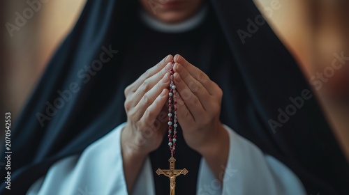 Nun Praying with Rosary in Quiet Reverence