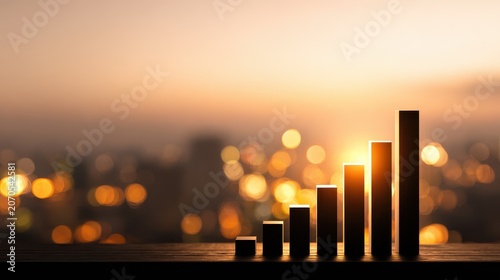 Professional business growth chart with increasing height bar graph at sunset